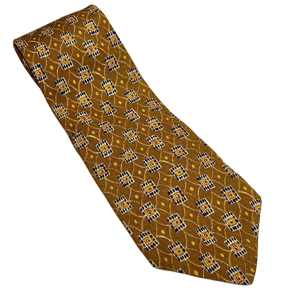 Guess USA American Classics 100% Silk Necktie Tie Gold/Mustard/Navy Geometric